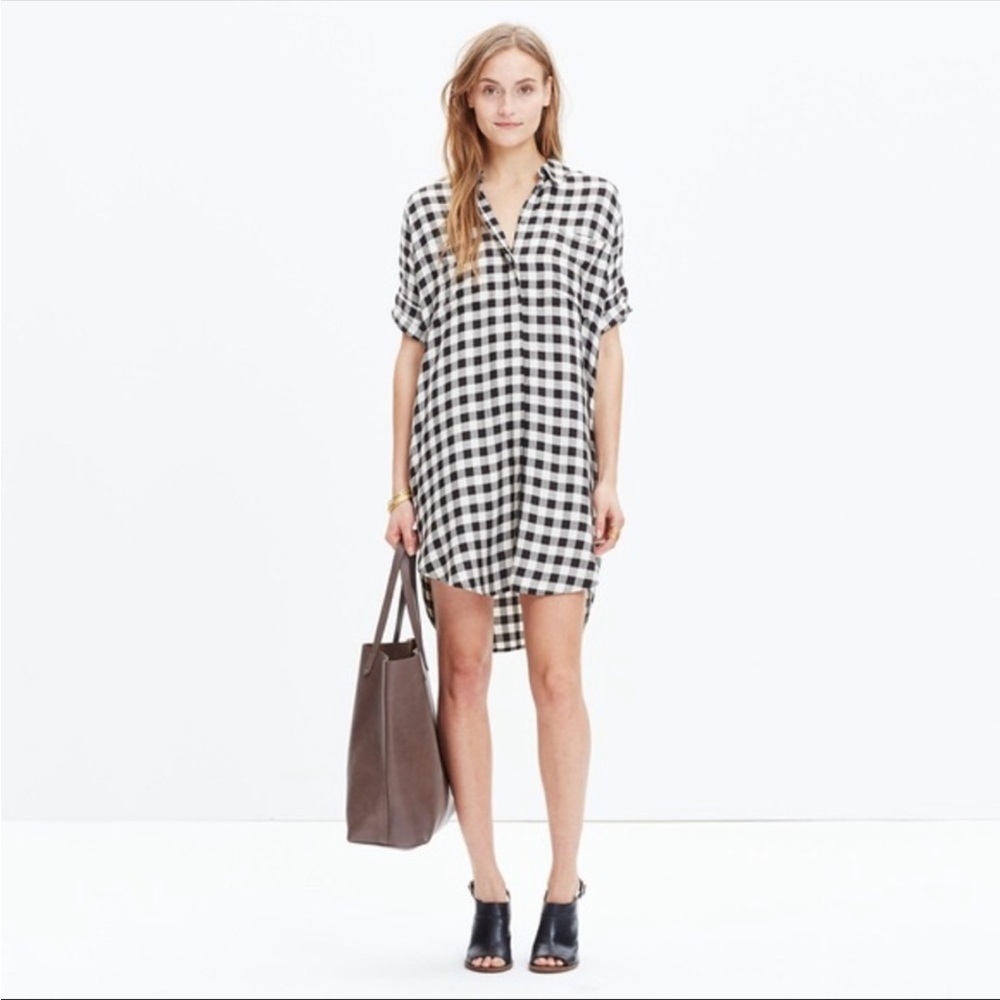 Madewell Black and White Checkered Courier Mini Shirt Dress with Pockets. Medium
